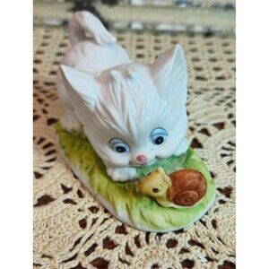 Vintage Lefton China White Kitten & Snail Hand Painted Figurine Bisque #01315